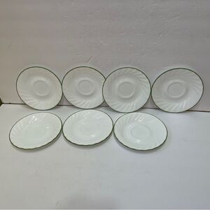 CORELLE WHITE SAUCERS WITH GREEN EDGING  SET OF 7